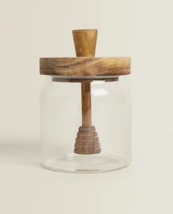 Borosilicate Glass And Wooden Honey Jar