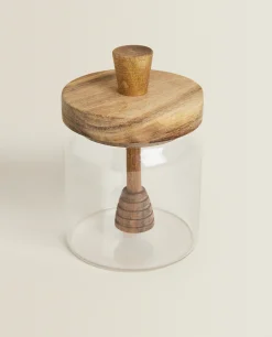 Borosilicate Glass And Wooden Honey Jar