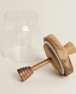 Borosilicate Glass And Wooden Honey Jar