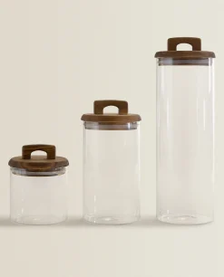 Borosilicate Glass And Wood Storage Jar