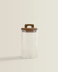 Borosilicate Glass And Wood Storage Jar