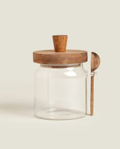 Borosilicate Glass And Wooden Sugar Bowl
