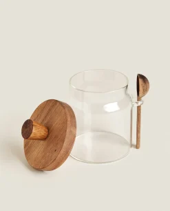 Borosilicate Glass And Wooden Sugar Bowl