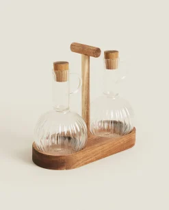 Bososilicate Glass And Wood Cruet Set
