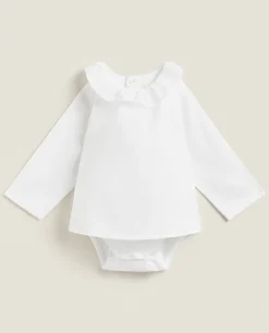Cotton Bodysuit With Ruffled Neckline