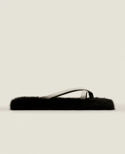 Faux Fur Slippers With Contrast Straps