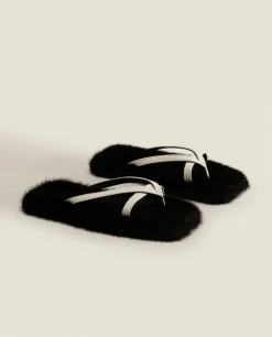 Faux Fur Slippers With Contrast Straps