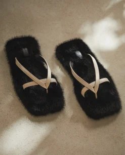 Faux Fur Slippers With Contrast Straps