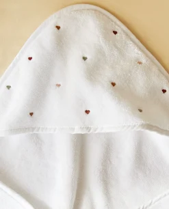 Hooded Baby Towel With Embroidered Hearts