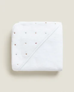 Hooded Baby Towel With Embroidered Hearts