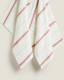 Waffle-Knit Cotton Kitchen Towel With Stripes (Pack Of 2)