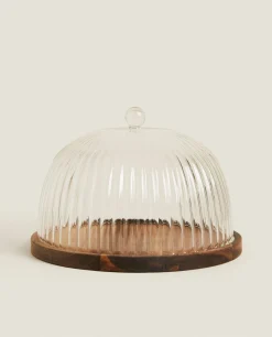 Wooden And Glass Cake Plate