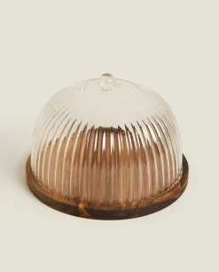 Wooden And Glass Cake Plate